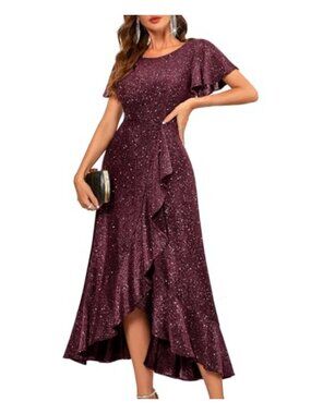Sequin High-Low Formal Maxi Dress Flutter Sleeve Wedding Guest